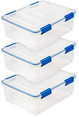 IRIS USA 3-Pack 26.5 Qt Storage Bins with Gasket Lids, Clear/Blue