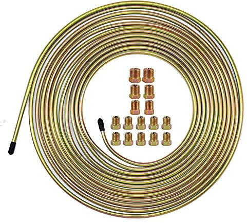 MuHize Kit de tubes de conduite de frein 3/16 – Rouleau de tube en acier galvanisé flexible amélioré de 7,6 m pour système de transmission de carburant hydraulique (comprend 16 raccords)