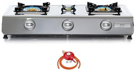 NJ NSD-3 Camping Gas Stove 3 Burners Indoor Cooktop Stainless Steel LPG 8.0 kW WOK Regulators (Propane 37mbar Screw-on)
