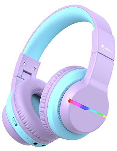 iClever Bluetooth Kinder Kopfhörer, Farbige LED-Leuchten, Kinderkopfhörer Over-Ear mit 74/85dBA Lautstärkebegrenzung, 85 Stunden Spielzeit, Bluetooth 5.2, eingebautes Mikrofon BTH12