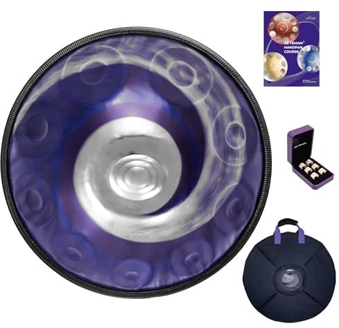 ASTEMAN Handpan in D-Moll, 440 Hz, 55,9 cm mit 10 Noten, kommt mit einem Rucksack, Kursen, Fingerhüllen, Ständer, Reinigungstuch und zwei Schlägeln.
