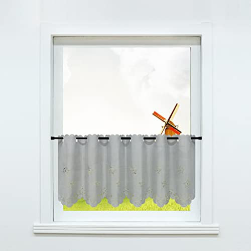 CORLIF Küchen Scheibengardine mit Lochleiste Voile Bistrogardine mit Lasercut-Muster Landhausstil Gardine Stores Grau 1 Stück HöhexBreite 45x90cm