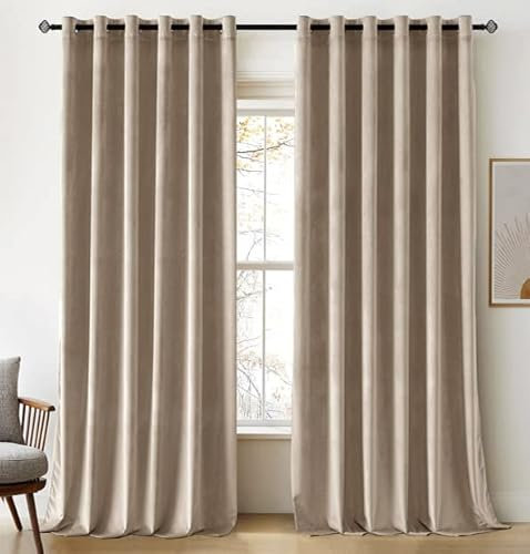 Woaboy Velvet Curtains 90 Drop Taupe Curtain for Living Room Thermal Blackout for Bedroom Luxury Eyelet Drapes Super Soft Window Treatment Insulated Soundproof & Room Darkening W 90 x L 90 2 Panels