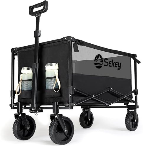 Sekey Folding Festival Trolley with 330LBS Large Capacity, Heavy Duty Camping Beach Wagon, Removable All-terrain Wheels, Collapsible Cart with Adjustable Handle & Drink Holders, Black&Grey