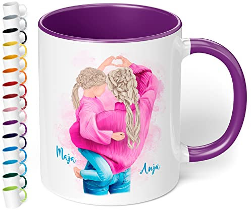 Mama-Tochter-Tasse personalisiert mit Namen & Aussehen „Mutter mit Tochter im Partnerlook“ – Kaffeetasse | Geschenkideen für die beste Mama - Geschenke zum Muttertag & Geburtstag (Violett)