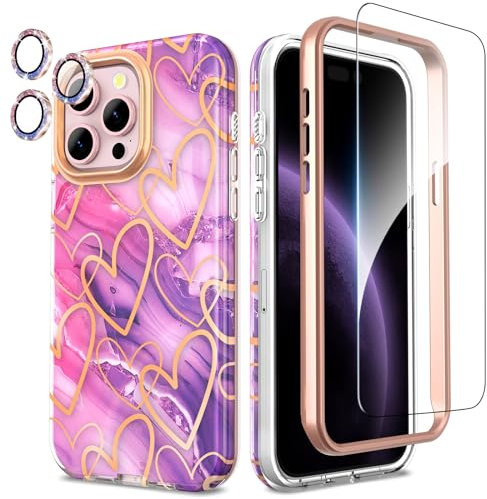 SHEDEER 4-in-1 iPhone 15 Pro Max Case with Screen Protector + Bumper & Camera Protector | Military-Grade Shockproof 360° Protection, 15 Pro Max Case Glossy Fade-Resistant Pattern Design (Purple)