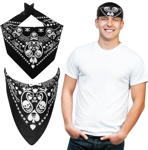 SATINIOR 2 Schwarze Bandanas Totenkopf Kopftuch Piraten Neuheit Bandana Totenkopf Halstuch Halloween Kostüm Zubehör für Herren Damen Erwachsene