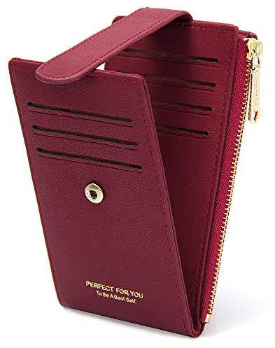 GEEADNB RFID-Kartenhalter Geldbörse für Frauen Schlanke Geldbörsen Bifold Multi Kartenetui Damen Slim Wallet Reißverschluss-Münzgeldbörse (Weinrot)