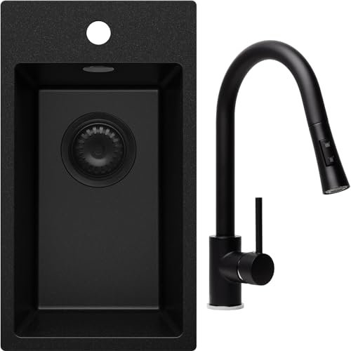 PRIMAGRAN Lavandino da Cucina Tutto Nero 28x50cm, Lavello in Granito a 1 vasca + Rubinetto 40x20cm + Sifone Classico, Lavabo Incasso al mobile 30cm - Riga S065