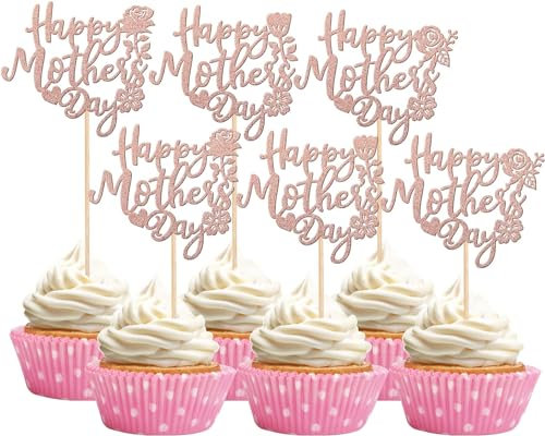 SYKYCTCY 24 Pack Happy Mother's Day Cupcake Toppers Glitter Heart Rose Flower Love Mother Cupcake Picks Best Mom Cake Decorations for Happy Mom Day Theme Women Birthday Party Supplies