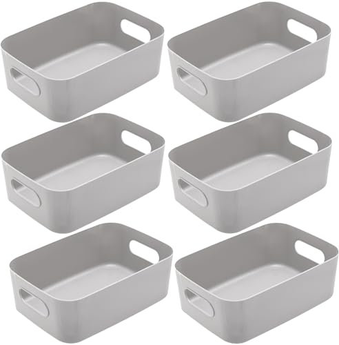 LOSYHU 6 Pcs Grey Plastic Storage Boxes, Plastic Storage Baskets for Shelves, Portable Container Boxes with Handle Rectangular Cupboard Organiser Stackable Small Baskets for Kitchen, Home, Office