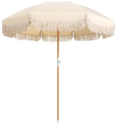 Parasol De Jardin Extérieur Parasol De Plage Anti UV 50+ Parasol Inclinable 200cm Parasol À Frange Portable Parasol De Marché Avec 8 Nervures Robustes Parasol Balcon 32mm Bois Massif Sec/avec Sac (Co