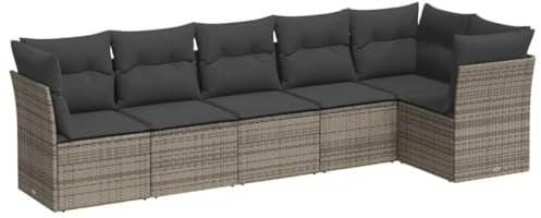vidaXL Garten Sofagarnitur mit Kissen 6-TLG., Gartenmöbel Gartengarnitur, Sitzgruppe Sitzgarnitur, Lounge Sofa Garnitur Terrasse, Grau Poly Rattan