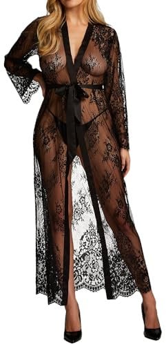 NewBull Women Ladies Sexy Lingerie Long Lace Dress Sheer Gown Kimono Robe Charming Allover Floral Belted Sleep Robes (UK, Alpha, One Size, Regular, Regular, Black)