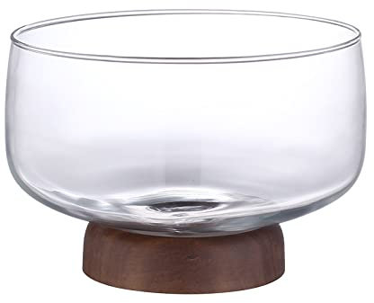 Ensaladera de cristal con base de madera, frutero de cristal de gran capacidad, versátiles cuencos para servir frutas, palomitas de maíz, postres, patatas fritas, pasta, decoración del hogar, ensalada