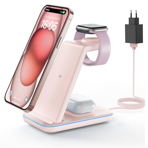 GEEKERA Stazione Ricarica per Apple, Caricatore Wireless per iPhone 16/15/14/13/12/11/X/8/Pro Max, Postazione Ricarica per Apple Watch 10/9/8/7/6/5/4/3/2, Base Ricarica Wireless per AirPods 4~2-Rosa