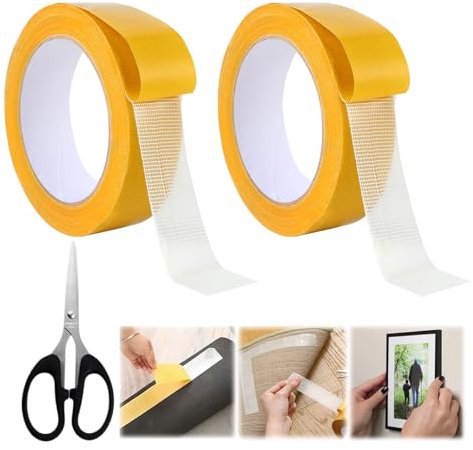ZHYUAN 2 Rolls Doppelseitiges Klebeband Extra Stark,3cmx 20m doppelseitiges Gewebeband,teppichklebeband mit Eine Schere,Transparent, Spurlos,Handreißbar,für Teppich,Foto,Wand,Küche,Zuhause,Schule