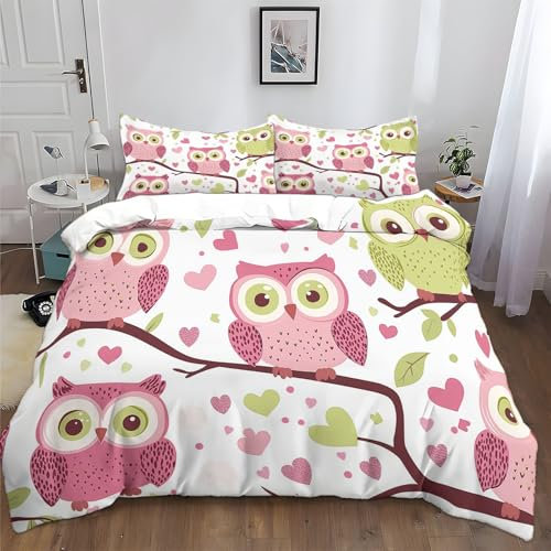 Bettwäsche-Sets 155x220cm Cartoon Rosa Eule Bettwäsche 3 Teilig, Weich Atmungsaktiv Polyester-Baumwolle Bettbezug Set mit Reißverschluss, 2 Kissenbezüge 80x80 cm
