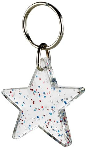 Djois - PORTE-CLÉS assortis - Forme Étoile Glitter - Anneaux chromés - 5 PORTE-CLÉS - Plastique RECYCLÉ Acrylique - Transparent avec paillettes - Fabriqué aux Pays-Bas