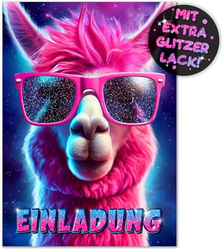 VULAVA 12x Glitzer Lama EINLADUNGSKARTEN Kindergeburtstag Mädchen Junge - die Alpaka Party Karten sind die Lama EINLADUNG für Mädchen Jungen Kinder Geburtstag Einladung Pferde Einhorn