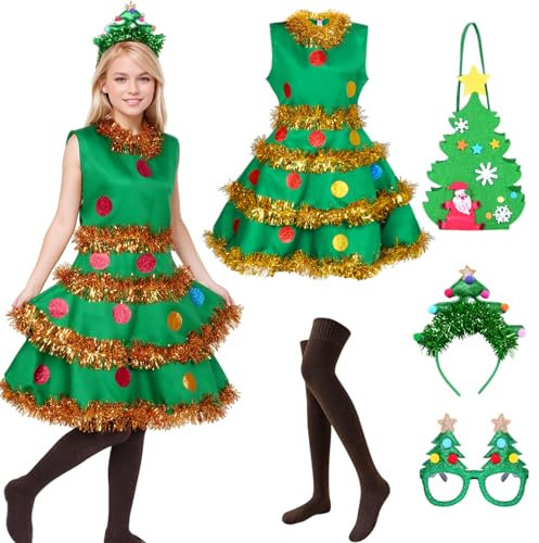 Amycute Christmas Tree Costumes for Women, Christmas Tree Dress with Glasses Bag Stockings Headband, Christmas Tree Outfit for Ladies Adult