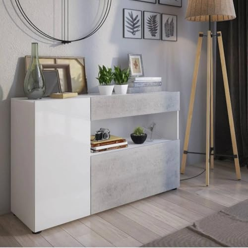 Bissolo Casa Credenza Moderna con 1 Cassetto e 2 Ante – Mobile Contenitore in Legno Bianco Effetto Cemento 130 X 41 X H. h.81