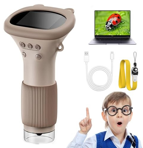 Lemoni Explorer - Digitaler Mikroskop, 1000x Zoom Lemoni Mikroskop Für Kinder, 2.0 Inch IPS Screen, USB Microscope LED Lights Connection to PC, Educational Gift for Children 3+ Years Old (Brown)