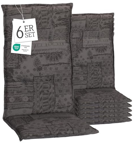 Beo® Barcelona Hochlehner Gartenstuhlauflagen 6er Set | Waschbar | Made in EU | Öko-Tex Standard | Atmungsaktiv | UV-beständig | Komfortable Sitzkissen Outdoor 'Ornamente grau'