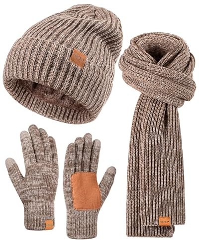 Wintermütze, Handschuhe, Schal, Set für Herren und Damen, langer Schal, Touchscreen-Handschuhe für kaltes Wetter, 3-in-1, warmes Geschenk-Set