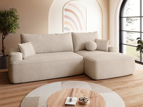 BROMARKT Ecksofa mit Schlaffunktion Sofa mit Bettkasten Beige Rechts | Wohnlandschaft Eckcouch Freistehend Couch Polstercouch Schlafcouch Stauraum 250 cm Breite 4 Sitzer Schlafsofa