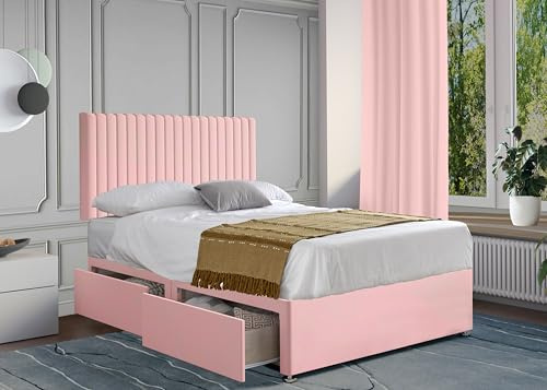 ComfoRest Spacious 6FT Super King Size Divan Bed with Mattress - Pink | Made in Britain, 151.5 x 200.5cm, 2 drawers maximise space, Malia headboard, Pink Plush fabric.