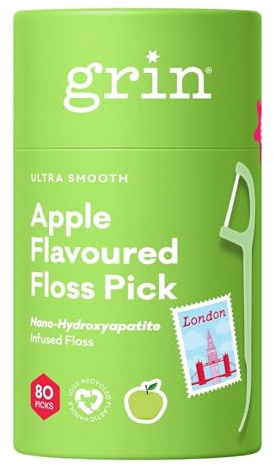 Grin Ultra Clean Adult Tooth Floss Picks, 80pk Canister with Apple Flavour | Fruity Dental Floss Sticks for Tight Teeth, Keeps Breath Fresh & Teeth Clean, Easy and Simple Grip Handle for Daily Oral Care
