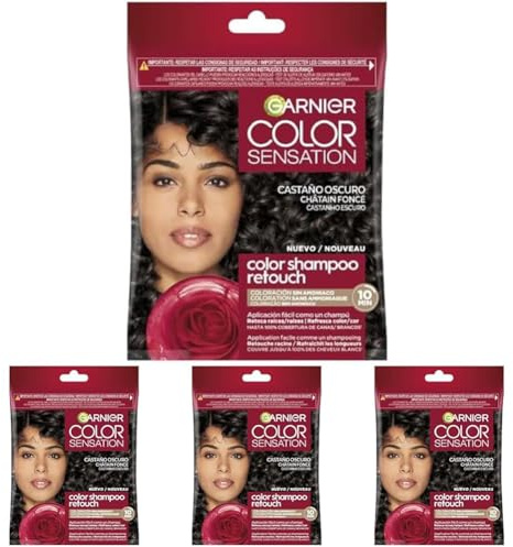 Garnier Color Shampoo Retouch Colorazione Permanente Castano Scuro - 100% copertura capelli bianchi - dura fino a 4 settimane (Confezione da 4)