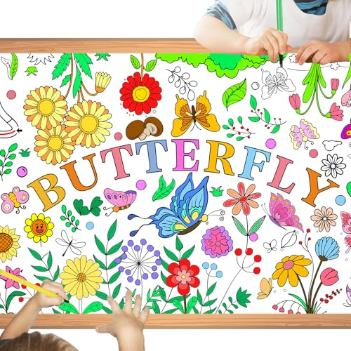 PHOGARY Poster zum Ausmalen von Blumen und Schmetterlingen, riesige Blumen, Jumbo-Tischdecke, Malpapier, Blätter für Zuhause, Klassenzimmer, Geburtstagsdekorationen, Partyzubehör, Bastelbedarf
