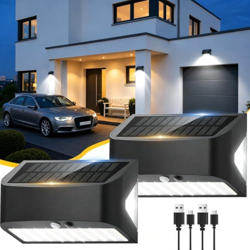 Solarlampen für Außen mit Bewegungsmelder Akku, 2 Sensor Modi & 18cm Große | Aufladbare & Solar, IP65 Wasserdichte, 20-24H Außenlampe mit Bewegungsmelder für Veranda, Garage, Terrasse, Hof 2 Stück