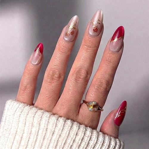 NXYCHIC Handmade Cat Eye Press on Nails Medium Almond – Luxury Deep Wine Red & Shimmer Pink Ombre False Nails with Gold Foil Rose, 24 Pcs Glue on Nails with Jelly Adhesive Tabs & Nail File