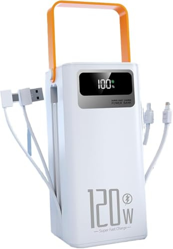 Portable 120W Big Large Power Bank 120000mAh 120W/66W powerbank battery Charger pack Fast charging heavy duty Capacity 7-Port LED Display USB C Built-in Cables for Multiple Devices (White)