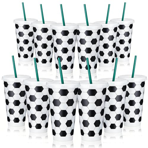 Zinueen 12er-Set Fußball-Becher 710ml (24oz) mit Deckel & Strohhalm, Mehrweg-Tumbler für Partys, BPA-frei & Spülmaschinen-geeignet