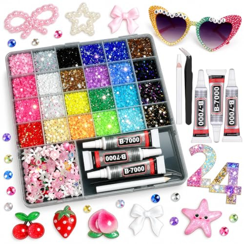 24 Colors 30000pcs Bedazzling Kit, Nail Art Rhinestones with Tools, Assorted Colors Flat Back Gems for DIY Crafts, Clothes, Shoes & Nail Art Decorations