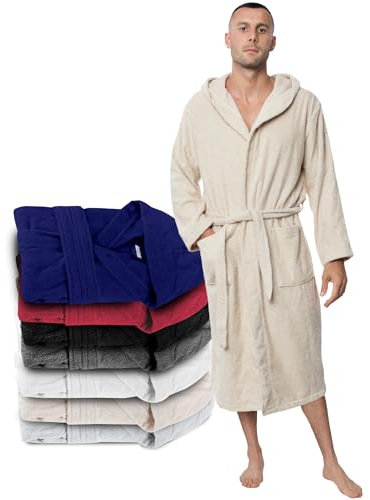 Twinzen Bademantel Herren - S - Beige - 100% Baumwolle (350g/m²) OEKO-TEX® Zertifiziert - Bademantel mit Kapuze, 2 Taschen, Gürtel