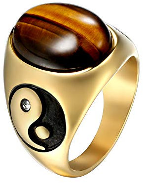 JewelryWe Schmuck Retro Herren-Ring Edelstahl Solitaire Tigerauge Yin Yang Punk Ringe Band Bandringe mit Gravur Größe 70