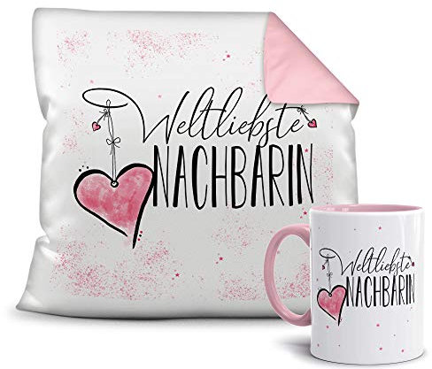 Geschenkset für die Weltbeste Nachbarin - Tasse und Kissen - Altrosa/Verwandte/Geschenk-Idee/Liebling/Familie