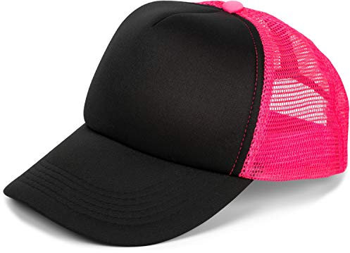 styleBREAKER Unisex 5-Panel Trucker Cap mit Mesh-Einsatz | verstellbares Basecap mit Click Snap Verschluss | luftiges Netz Cap für Damen und Herren, Farbe:Schwarz-Neonpink
