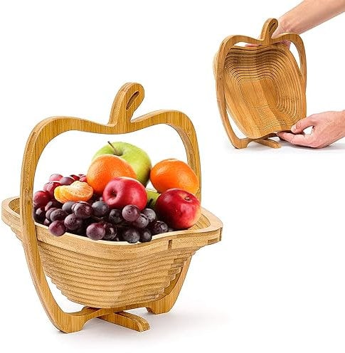 VR7 Collapsible Wooden Apple Fruit Bowl Foldable Apple Shaped Bamboo Fruit Basket for Kitchen Natural Wood Cutting Board Unique Design Folding Bowl House Decor Accessories