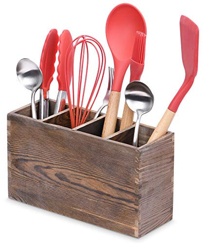 Porte-couverts en Bois, Range Couverts Vertical Pot à Couverts Bois, 4 Compartiments Réglables Organisateur de Cuisine pour Ustensiles