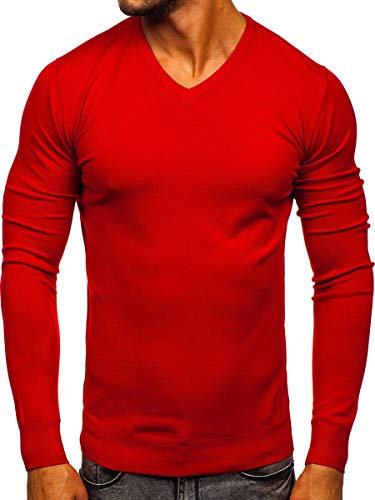 BOLF Hombre Jersey Cerrado Escote de Pico Corte clásico Pulóver Sweatshirt Cazadora Ropa de Abrigo Vestido Estilo Diario YY03 Rojo S [5E5]