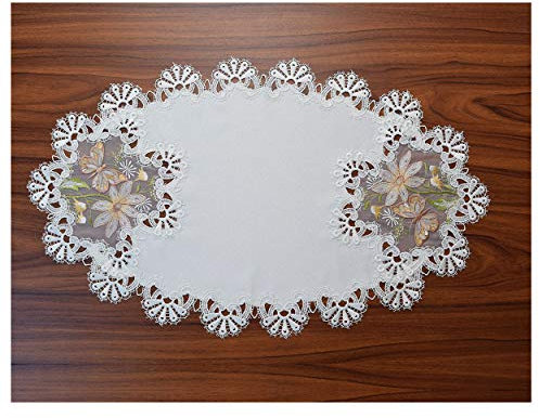 kollektion MT Spitzendeckchen Magda mit besticktem Schmetterlings-Einsatz in lachs orange aus Organza und echter Vogtländischer Spitze oval