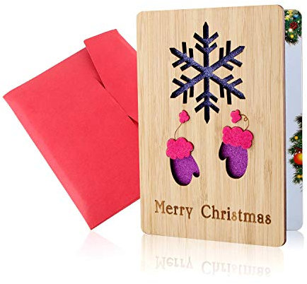Holz-Grußkarte, Grußkarte aus Holz, Weihnachtskarten, Frohe Weihnachten Karte, Echte Bambus- und Holzgrußkarten, Bunte Weihnachtsmotive, Weihnachtsgeschenke und -Wünsche, Weihnachtsthemen(Schneeflocke