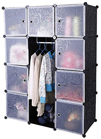 AufuN DIY Kleiderschrank Regalsystem Schuhregal, modularer Kombischrank, platzsparendes Steckregalsystem, Bücherregal Tragbarer Faltschrank mit Türen (12 Würfel, Schwarz)