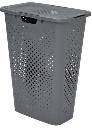 SUNDIS Pixel, Wäschekorb mit deckel 40l, aus recyceltem Kunststoff, grau, ideal für kleine Räume, 2 seitliche Griffe und 1 Griff an der Unterseite, Belüftung an allen 4 Seiten